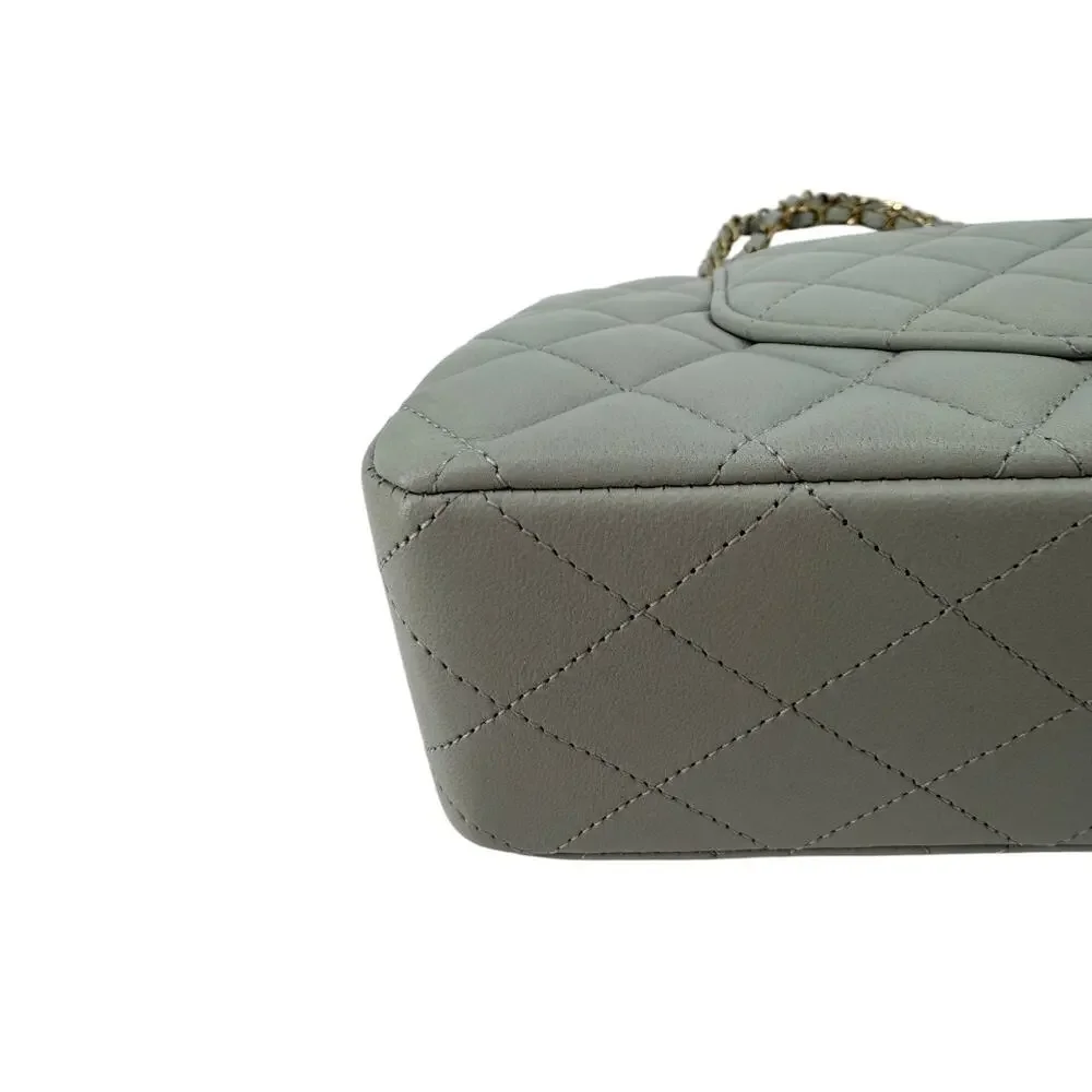 Chanel Lambskin Quilted Classic Double Flap Shoulder Bag Gray Gold Women's